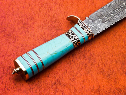 14 Inch Handmade Damascus Camping Hatchet Knife with Resin Handle and Sheath