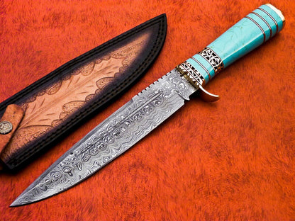 14 Inch Handmade Damascus Camping Hatchet Knife with Resin Handle and Sheath