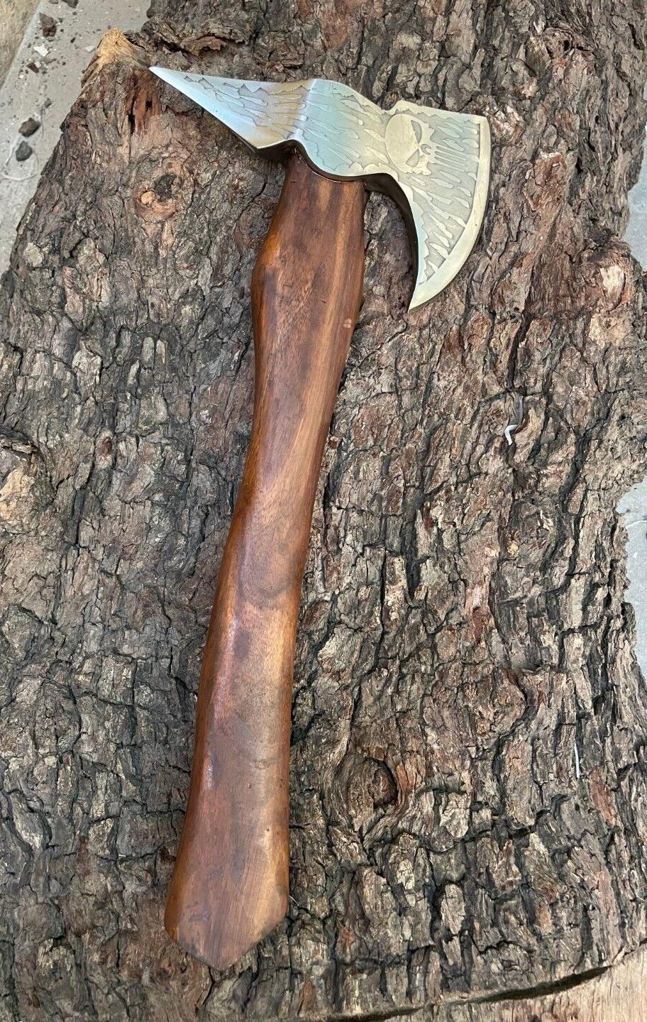 Custom Forged Replica Viking Axe with Etched Carbon Steel Head and Wooden Handle for Camping and Bushcraft