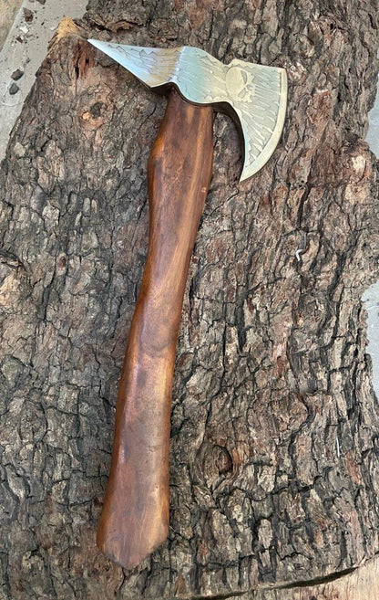 Custom Forged Replica Viking Axe with Etched Carbon Steel Head and Wooden Handle for Camping and Bushcraft