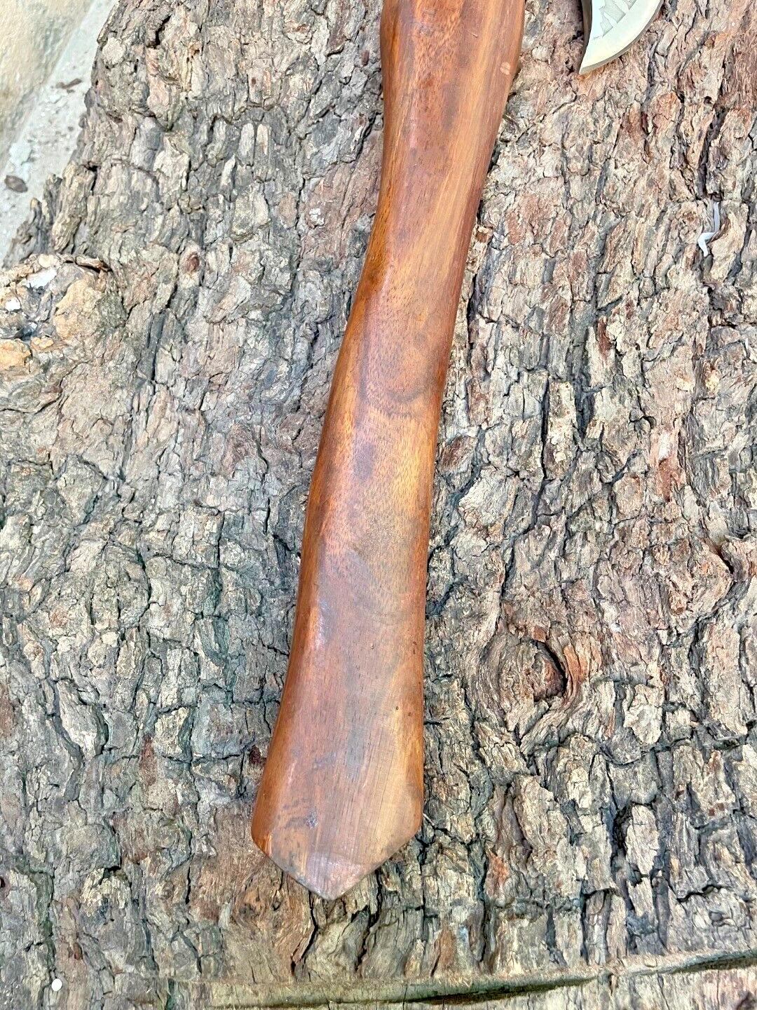 Custom Forged Replica Viking Axe with Etched Carbon Steel Head and Wooden Handle for Camping and Bushcraft