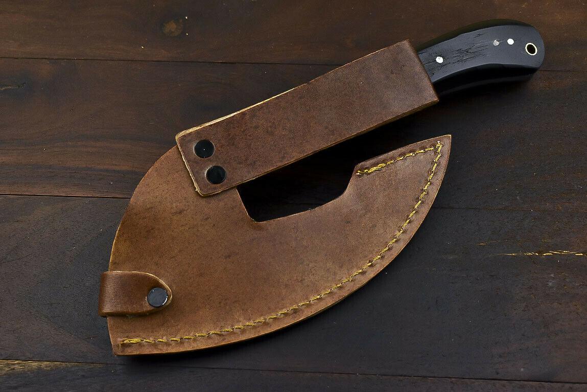 Rare Handmade Damascus Steel Axe Hunting Clever Chopper Knife Ram's Horn Handle with Leather Sheath