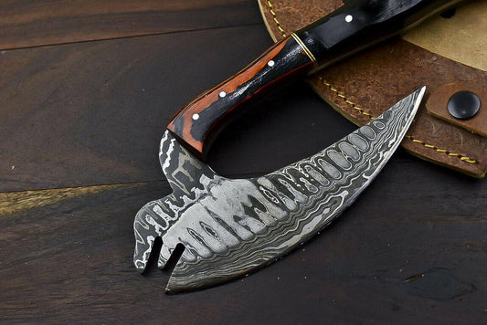 Rare Handmade Damascus Steel Axe Hunting Clever Chopper Knife Ram's Horn Handle with Leather Sheath