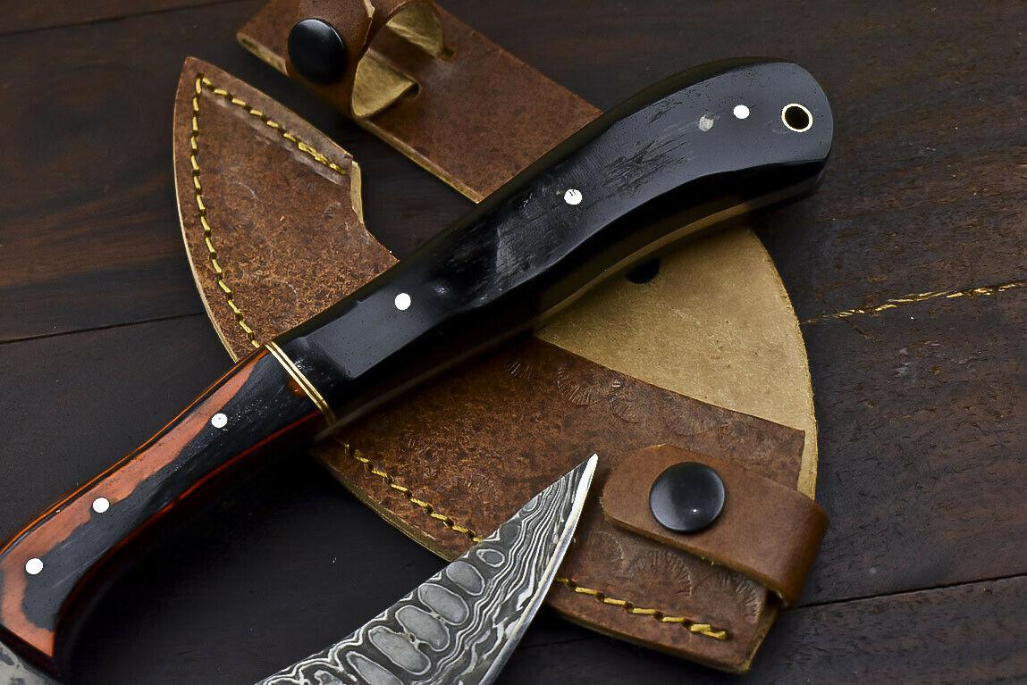 Rare Handmade Damascus Steel Axe Hunting Clever Chopper Knife Ram's Horn Handle with Leather Sheath