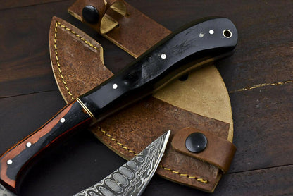 Rare Handmade Damascus Steel Axe Hunting Clever Chopper Knife Ram's Horn Handle with Leather Sheath