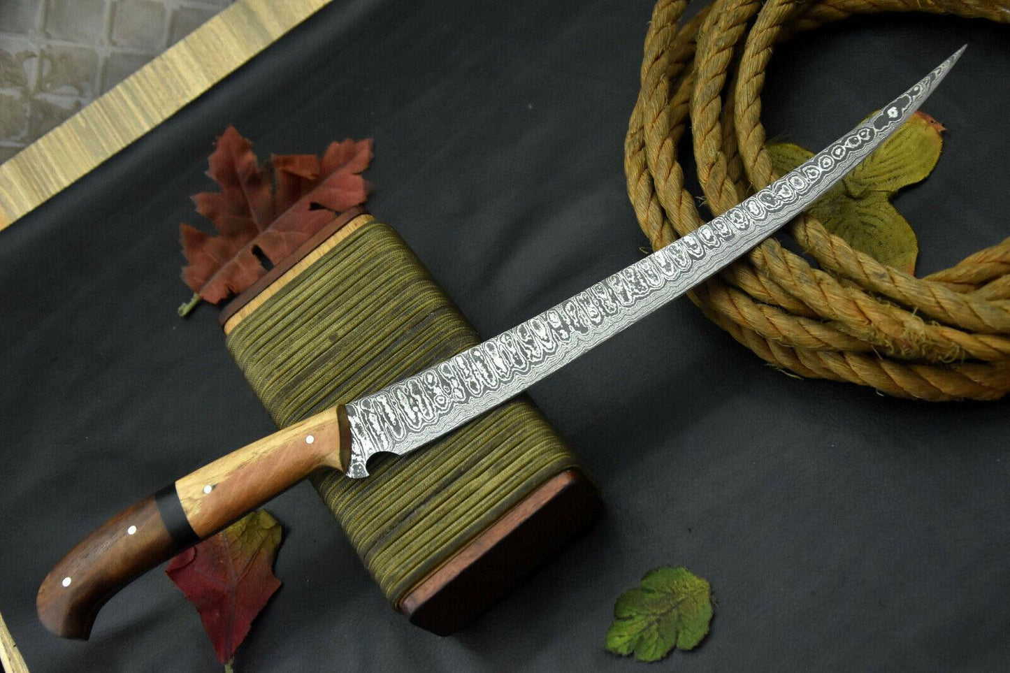 Handmade Damascus Steel Fillet Knife Damascus Fillet Knife with Olive & Walnut Handle