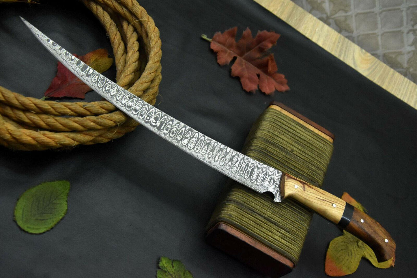 Handmade Damascus Steel Fillet Knife Damascus Fillet Knife with Olive & Walnut Handle