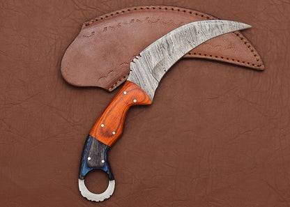 Custom Damascus Karambit Damascus Steel Hunting Knife with Wood Handle