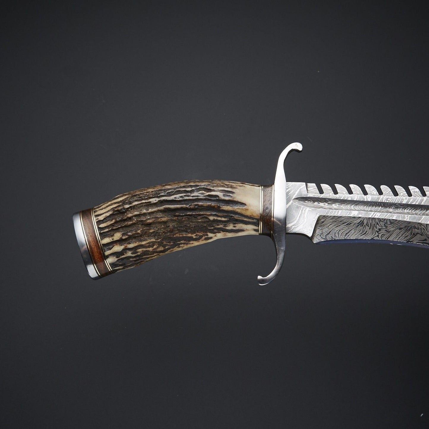 Heritage Forge Damascus Steel Bowie Knife with Stag Handle Full Tang Hunting Knife