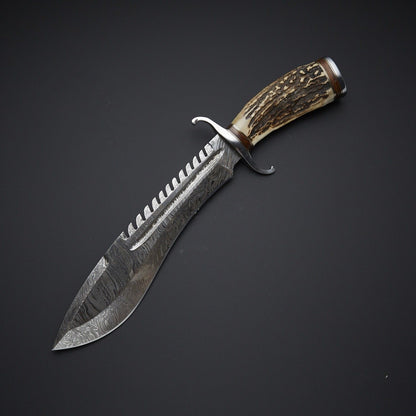 Heritage Forge Damascus Steel Bowie Knife with Stag Handle Full Tang Hunting Knife