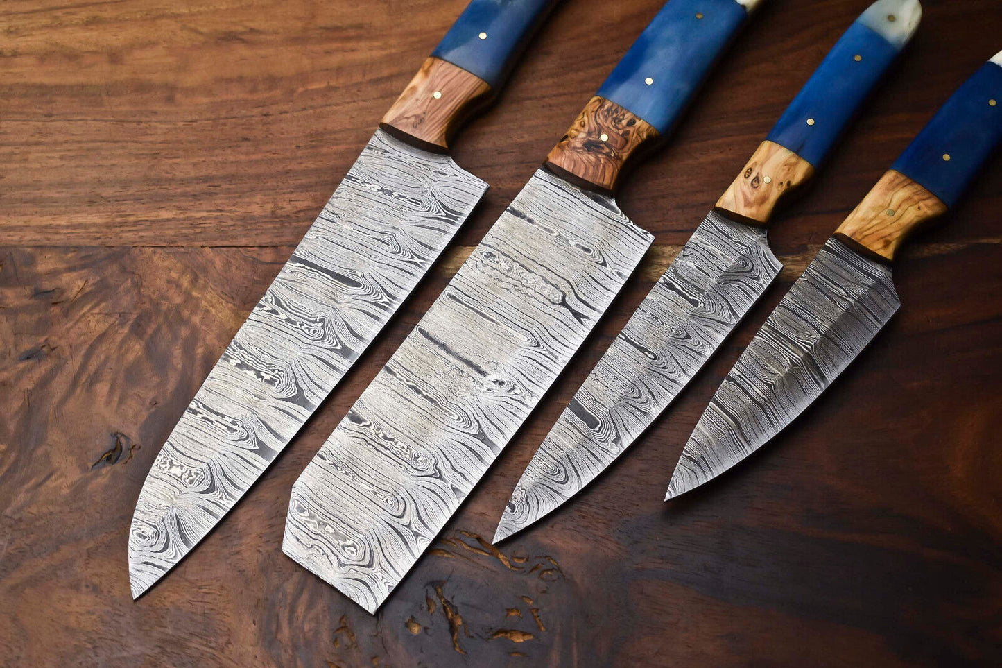 Custom Lot of 4 Handmade Hammered Damascus Steel Chef Knives Set – 384 Layer Full Tang Blades