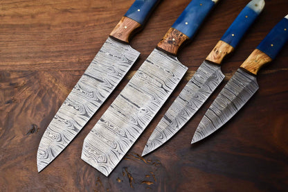 Custom Lot of 4 Handmade Hammered Damascus Steel Chef Knives Set – 384 Layer Full Tang Blades