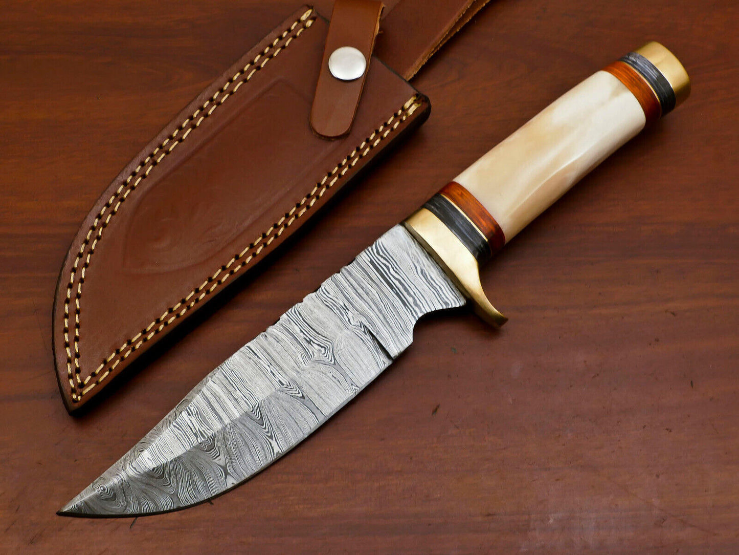 Heritage Forge Custom Damascus Steel Bowie Knife with Camel Bone and Pakka Wood Handle for Hunting and Camping