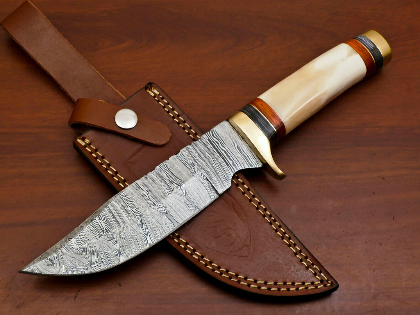 Heritage Forge Custom Damascus Steel Bowie Knife with Camel Bone and Pakka Wood Handle for Hunting and Camping