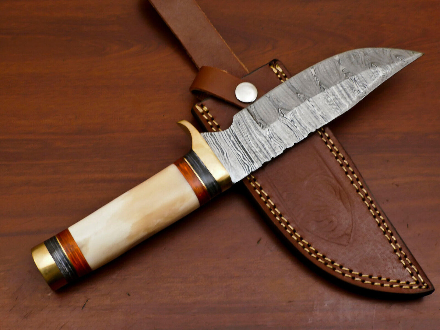 Heritage Forge Custom Damascus Steel Bowie Knife with Camel Bone and Pakka Wood Handle for Hunting and Camping