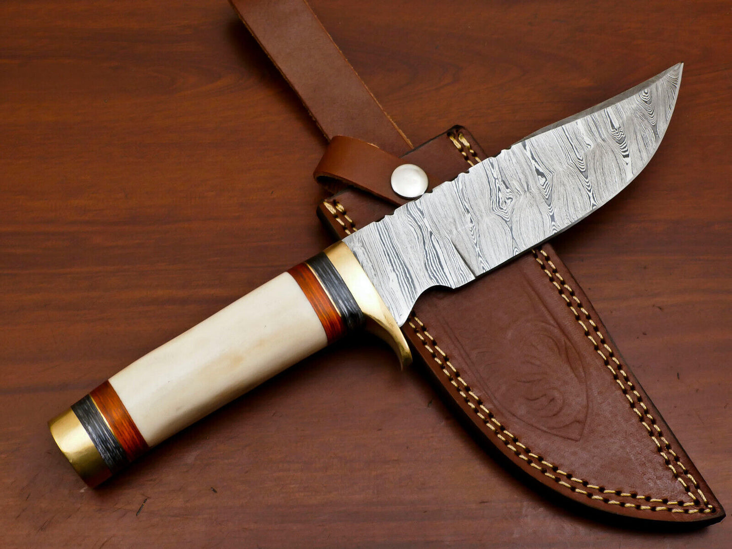 Heritage Forge Custom Damascus Steel Bowie Knife with Camel Bone and Pakka Wood Handle for Hunting and Camping