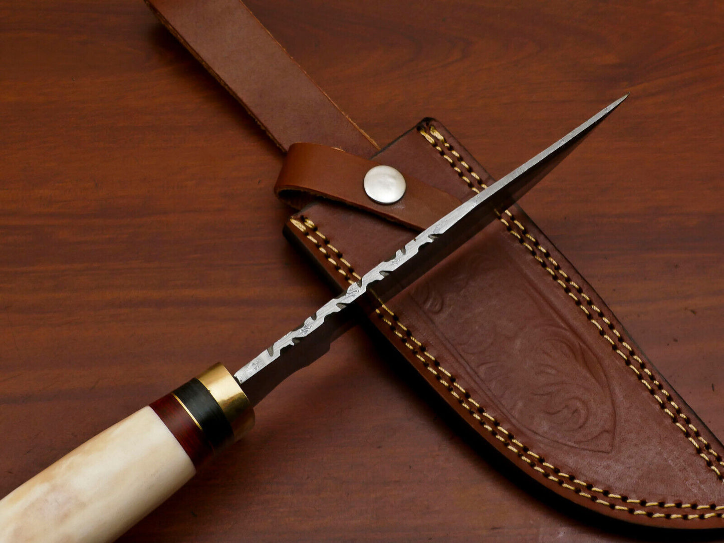 Heritage Forge Custom Damascus Steel Bowie Knife with Camel Bone and Pakka Wood Handle for Hunting and Camping
