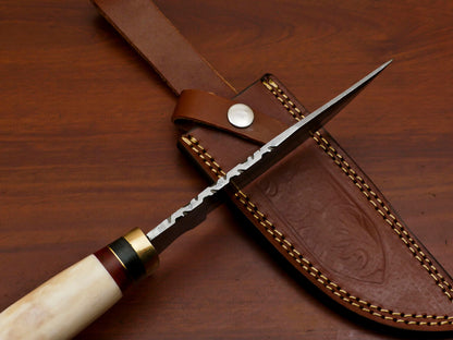 Heritage Forge Custom Damascus Steel Bowie Knife with Camel Bone and Pakka Wood Handle for Hunting and Camping