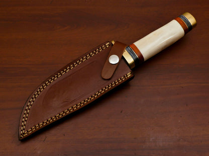 Heritage Forge Custom Damascus Steel Bowie Knife with Camel Bone and Pakka Wood Handle for Hunting and Camping