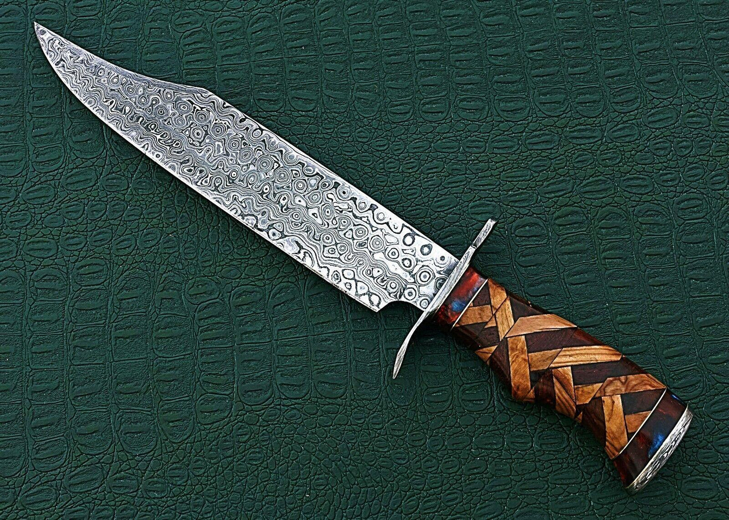 15" Damascus Bowie Knife – Bone Handle with Rain Drop Pattern