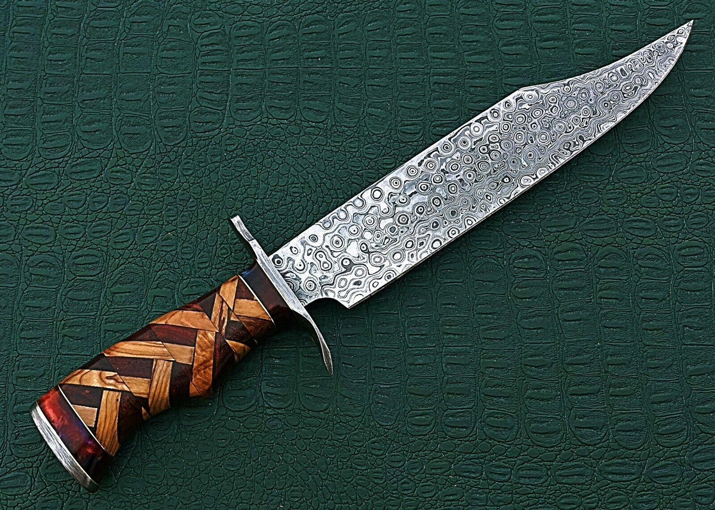 15" Damascus Bowie Knife – Bone Handle with Rain Drop Pattern