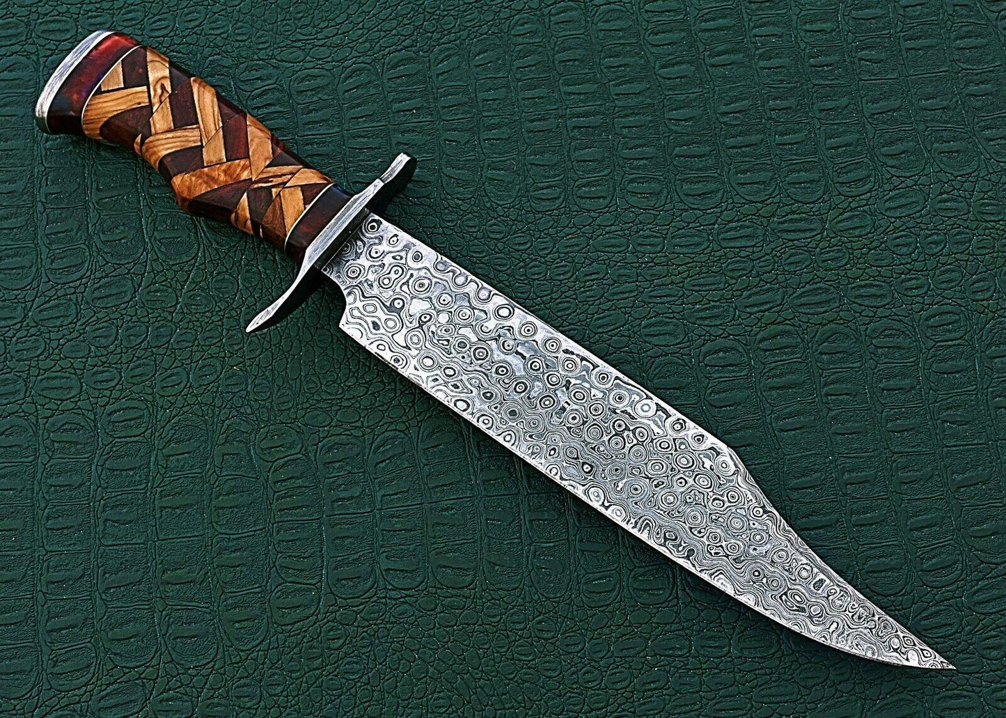 15" Damascus Bowie Knife – Bone Handle with Rain Drop Pattern