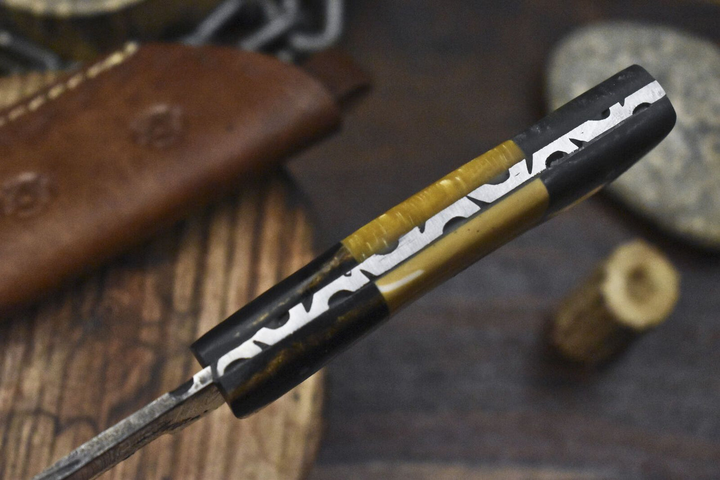 Custom Twist Damascus Skinner Knife with Corian Handle and Wooden Bolster