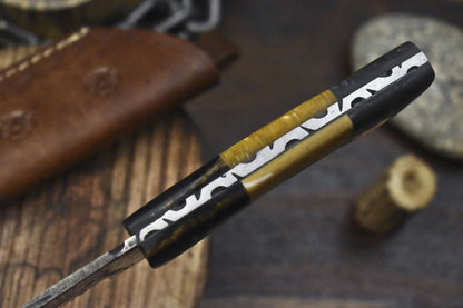Custom Twist Damascus Skinner Knife with Corian Handle and Wooden Bolster