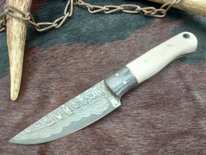 Handmade Damascus Steel Hunting Knife Chef Knife Bone Handle with Sheath