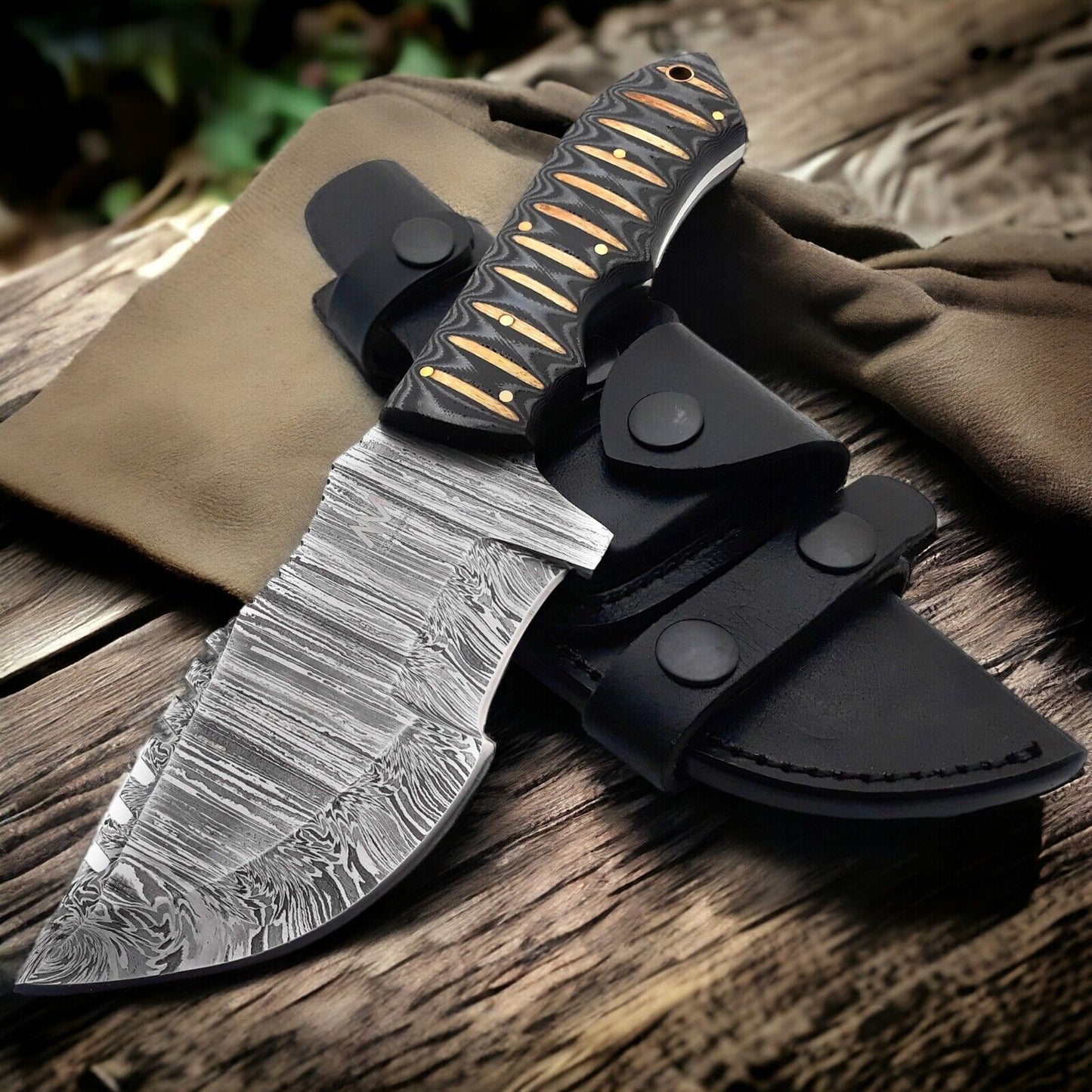 Brown Damascus Steel Tracker Knife – 10" Hunting Outdoor Fixed Blade with Micarta Handle