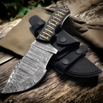 Brown Damascus Steel Tracker Knife – 10" Hunting Outdoor Fixed Blade with Micarta Handle