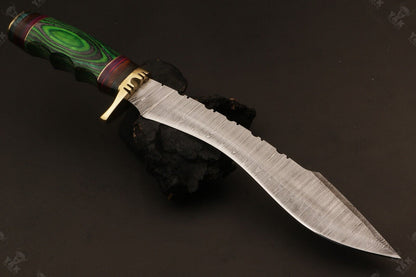 Heritage Forge 15 Inch Damascus Knife with Stained Camel Bone and Wood Handle for Hunting and Camping