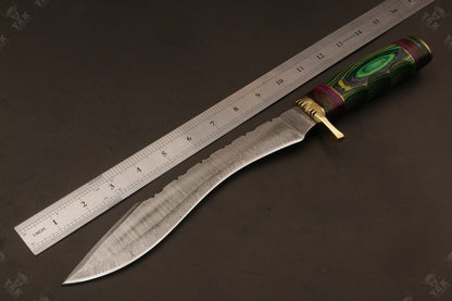 Heritage Forge 15 Inch Damascus Knife with Stained Camel Bone and Wood Handle for Hunting and Camping