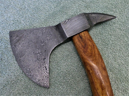 Handmade Forged Damascus Steel Tomahawk Axe with Wood Handle and Leather Belt Sheath