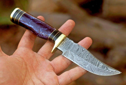 8" Handmade Damascus Bowie Knife | Resin & Brass Guard, Leather Sheath