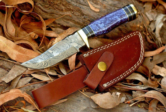 8" Handmade Damascus Bowie Knife | Resin & Brass Guard, Leather Sheath