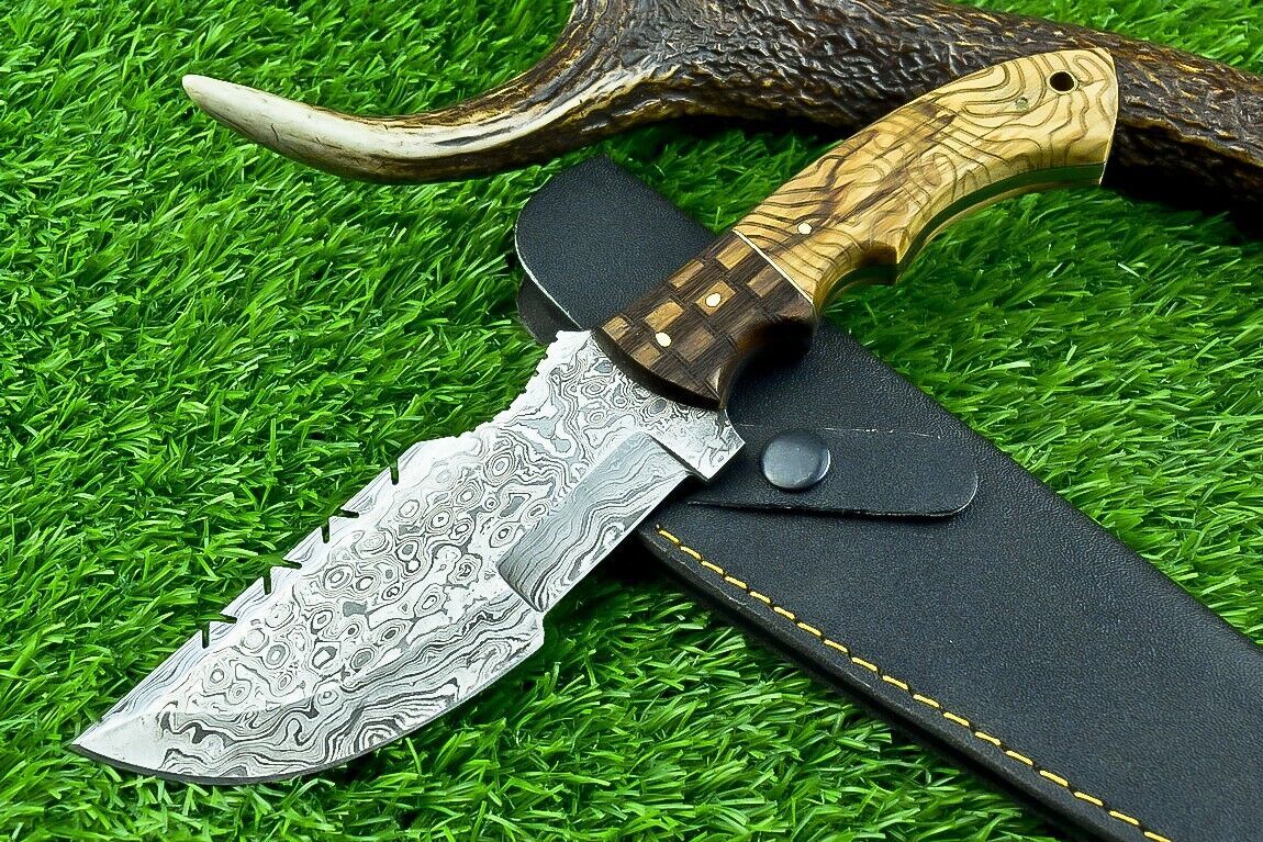Custom Hand Forged Damascus Steel Hunting Tracker Knife | Olive & Natural Wood Handle with Sheath