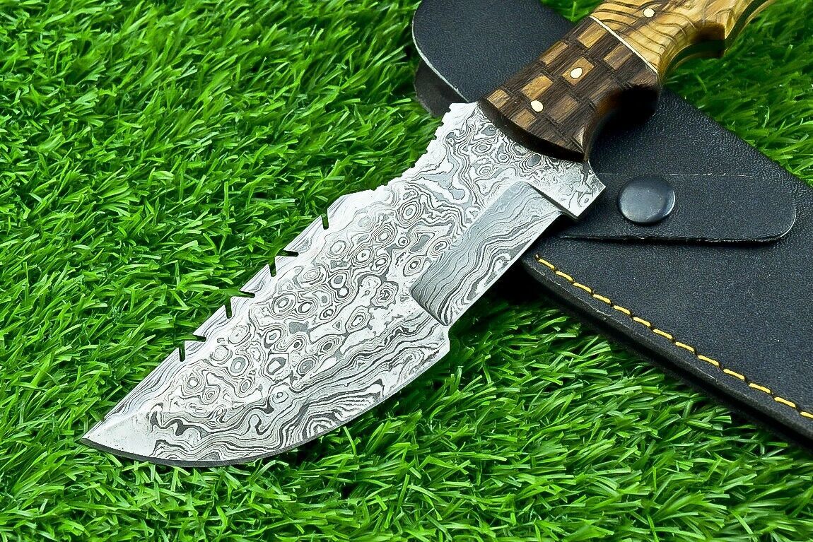 Custom Hand Forged Damascus Steel Hunting Tracker Knife | Olive & Natural Wood Handle with Sheath
