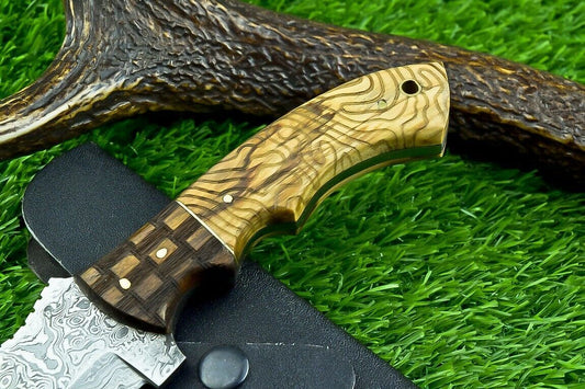 Custom Hand Forged Damascus Steel Hunting Tracker Knife | Olive & Natural Wood Handle with Sheath