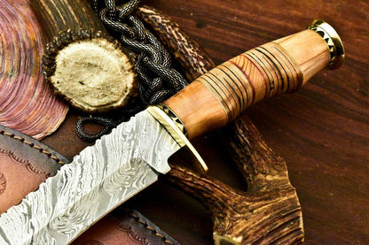 Handmade Damascus Bowie Knife | 14" Stacked Leather Handle Hunting Blade