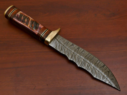 12" Damascus Steel Bowie Knife – Brass Guard, Camel Bone & Pakka Wood