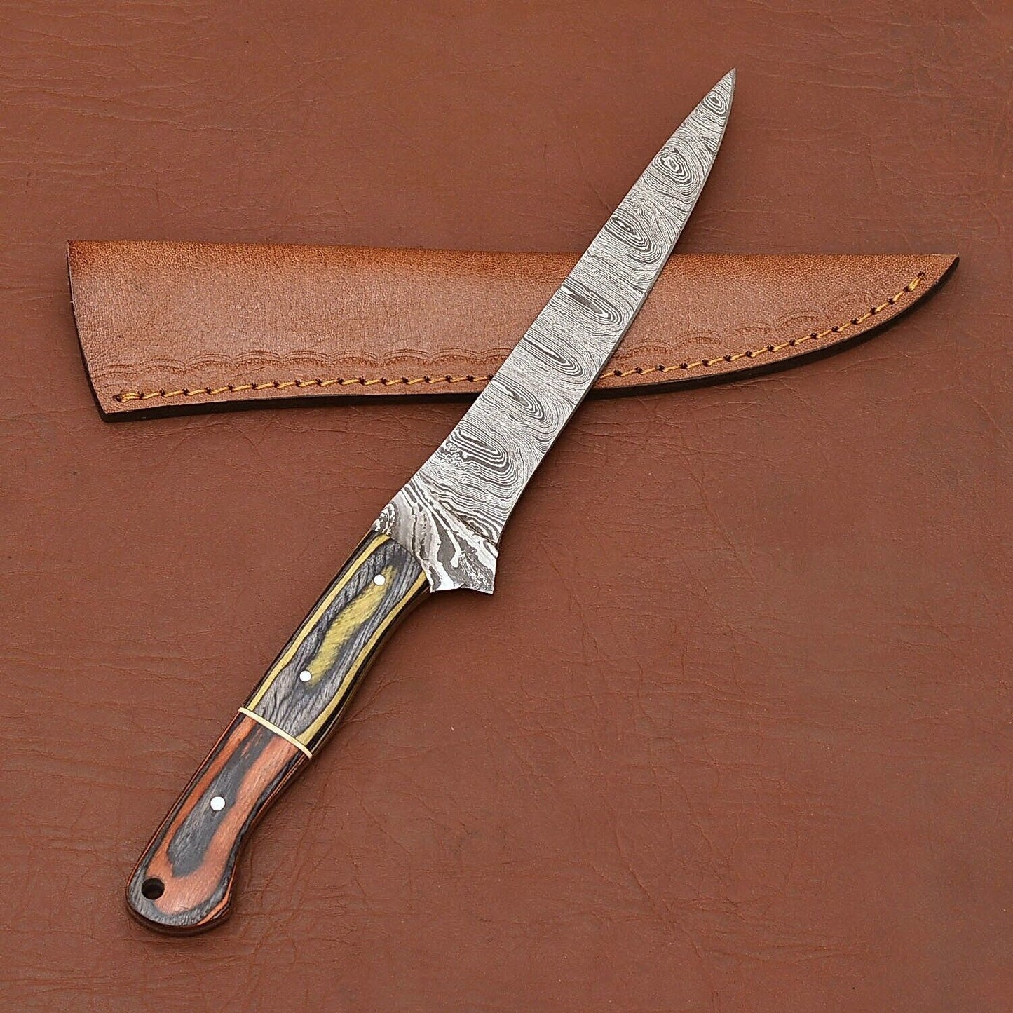Damascus Steel Fillet Chef Knife with Pakka Wood Handle & Leather Sheath