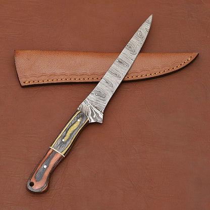 Damascus Steel Fillet Chef Knife with Pakka Wood Handle & Leather Sheath