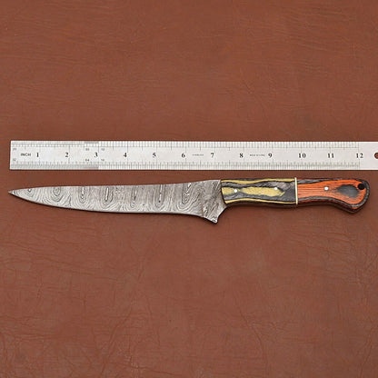 Damascus Steel Fillet Chef Knife with Pakka Wood Handle & Leather Sheath