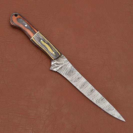 Damascus Steel Fillet Chef Knife with Pakka Wood Handle & Leather Sheath
