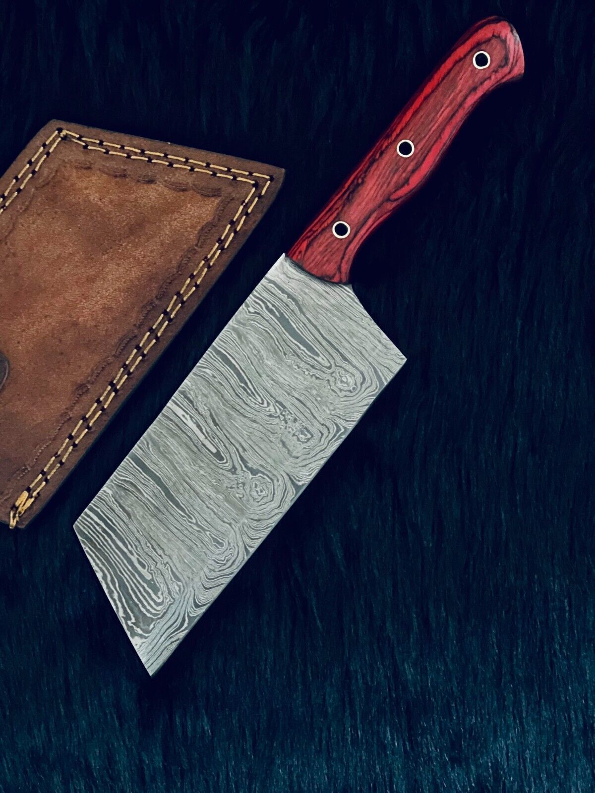 11" Twist Damascus Steel Bowie Knife – Cleaver Style, Camel Bone Handle