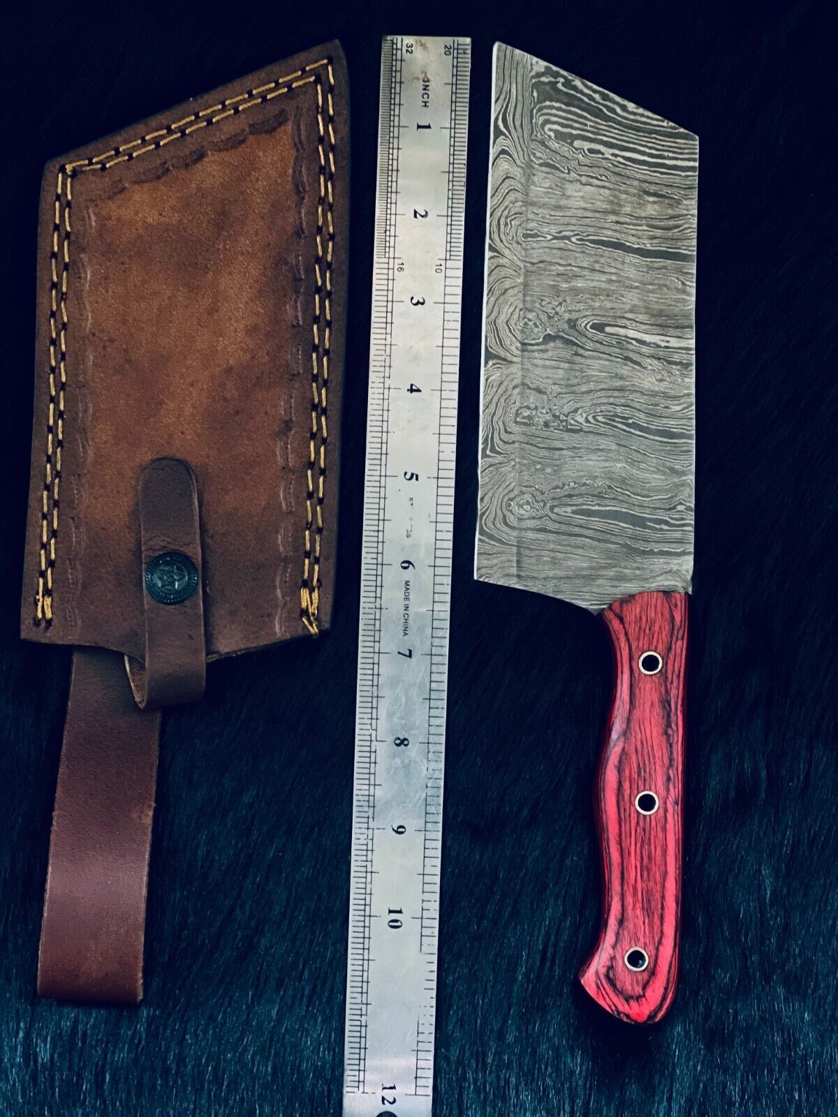 11" Twist Damascus Steel Bowie Knife – Cleaver Style, Camel Bone Handle