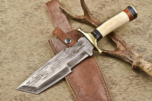 12.5" Handmade Custom Bowie Knife Damascus Steel Knife with Camel Bone Handle & Sheath