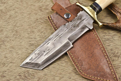 12.5" Handmade Damascus Steel Bowie Knife with Camel Bone Handle