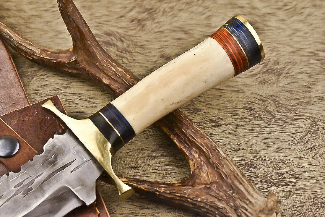 12.5" Handmade Damascus Steel Bowie Knife with Camel Bone Handle